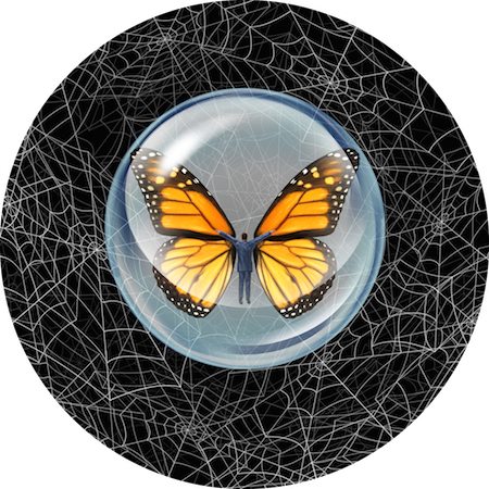 Shelter from risk and crisis business concept as a person in a protective bubble with butterfly wings flying through a chaos of spider webs overcoming career traps and avoiding financial adversity.